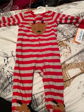 Carter's Red & Gray Striped Reindeer Footed One-Piece 6 months